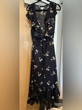 bp Black Maxi Wrap Dress with Cream & Tan Floral Print and Ruffle Front